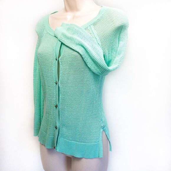 American Eagle Mint Green Mesh Knit Cardigan Sweater Sz XS - Picture 2 of 12
